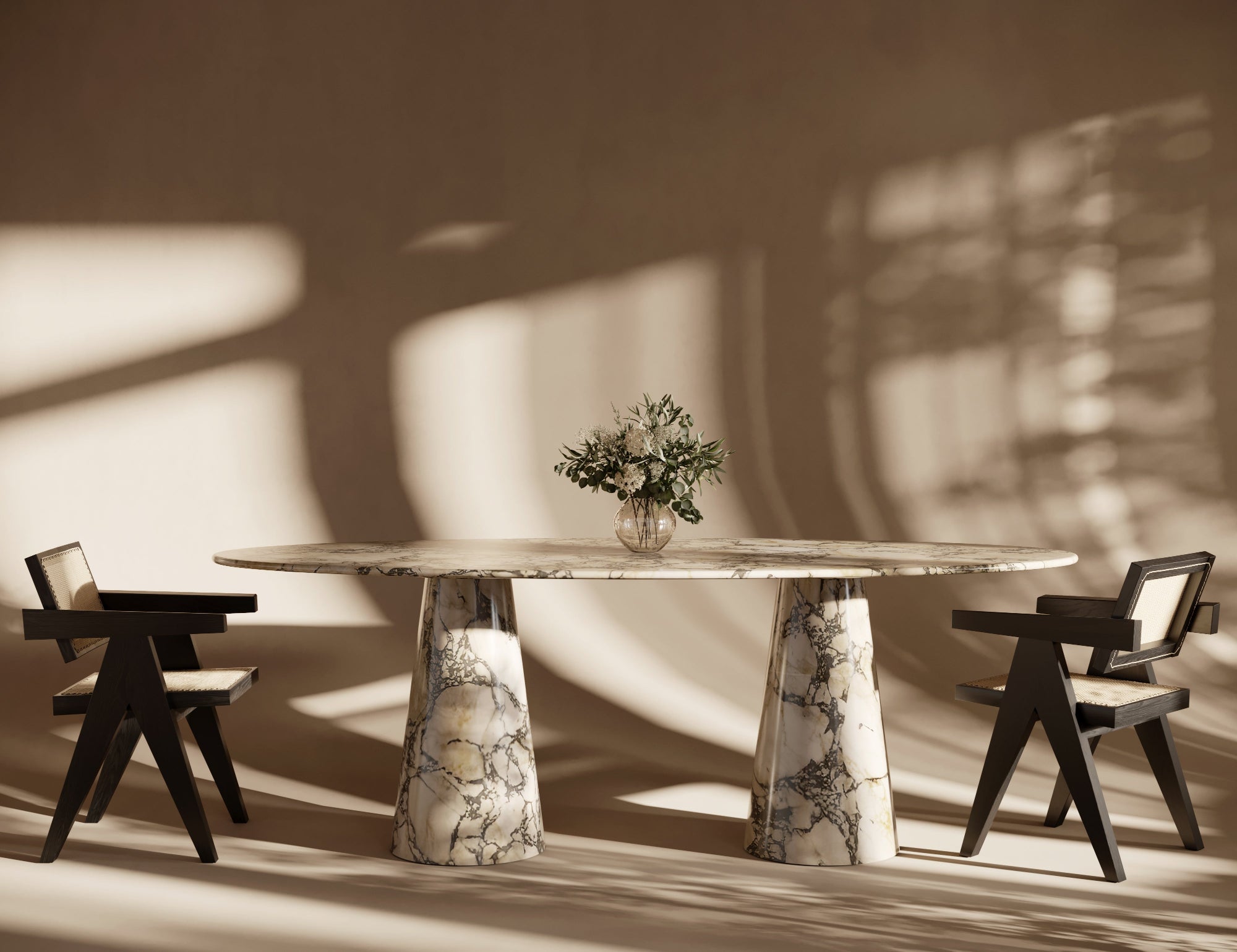 Calacatta Viola Marble Ellipse Dining Table - Conical Leg