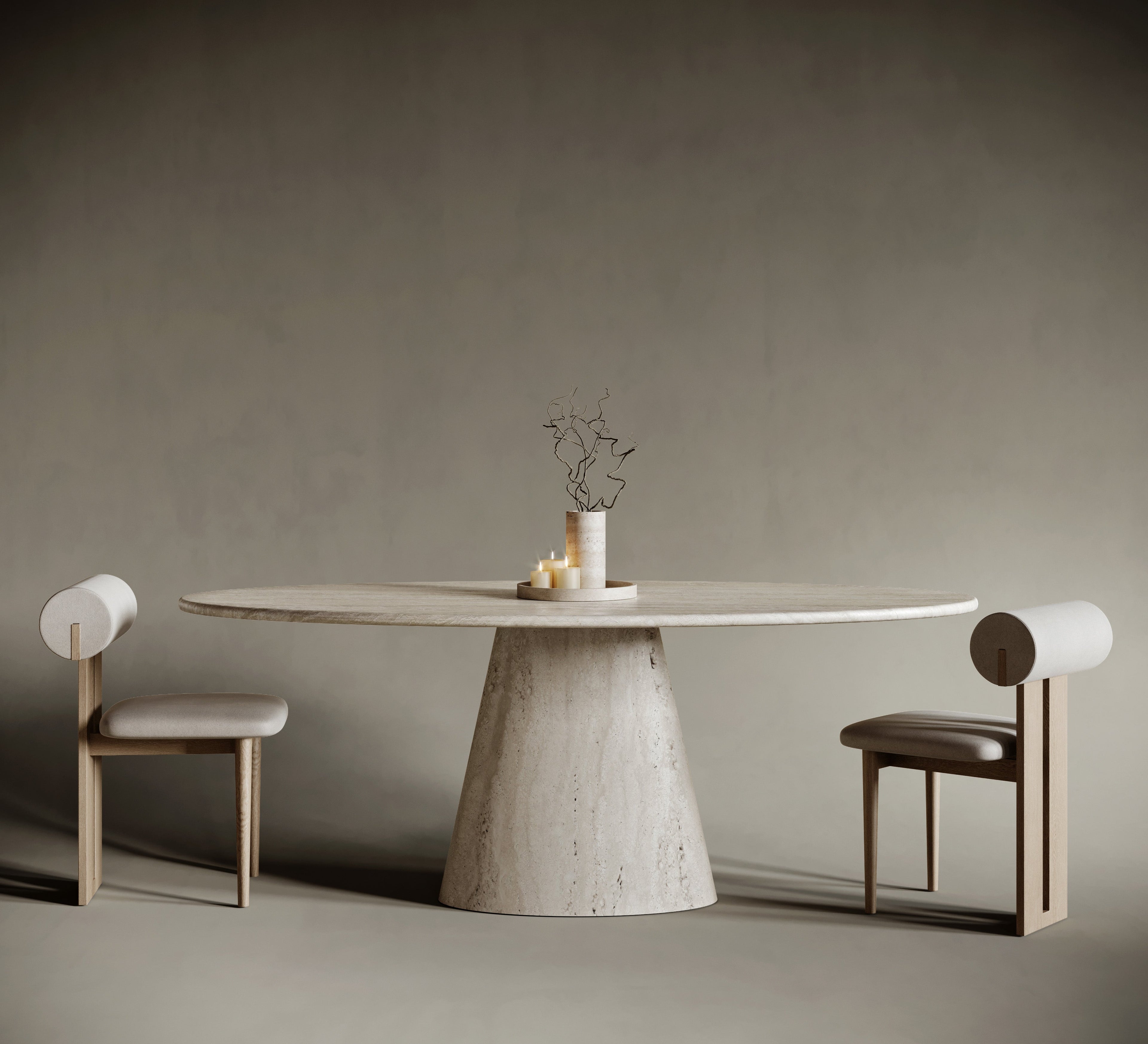 LEANDRO Ellipse Travertine Dining Table - Tapered Elliptical Leg