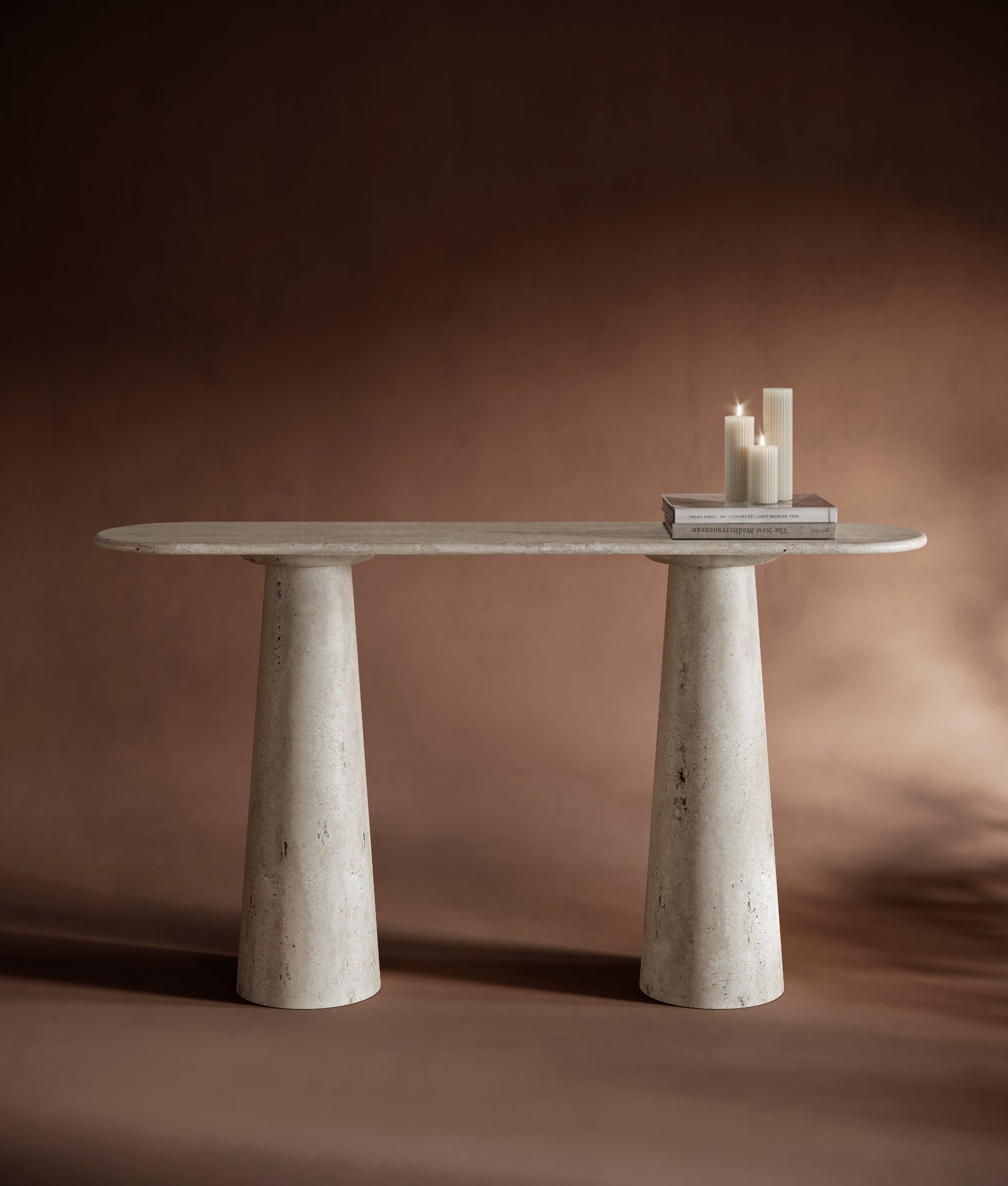 Oval Travertine Console Table - Conical Legs