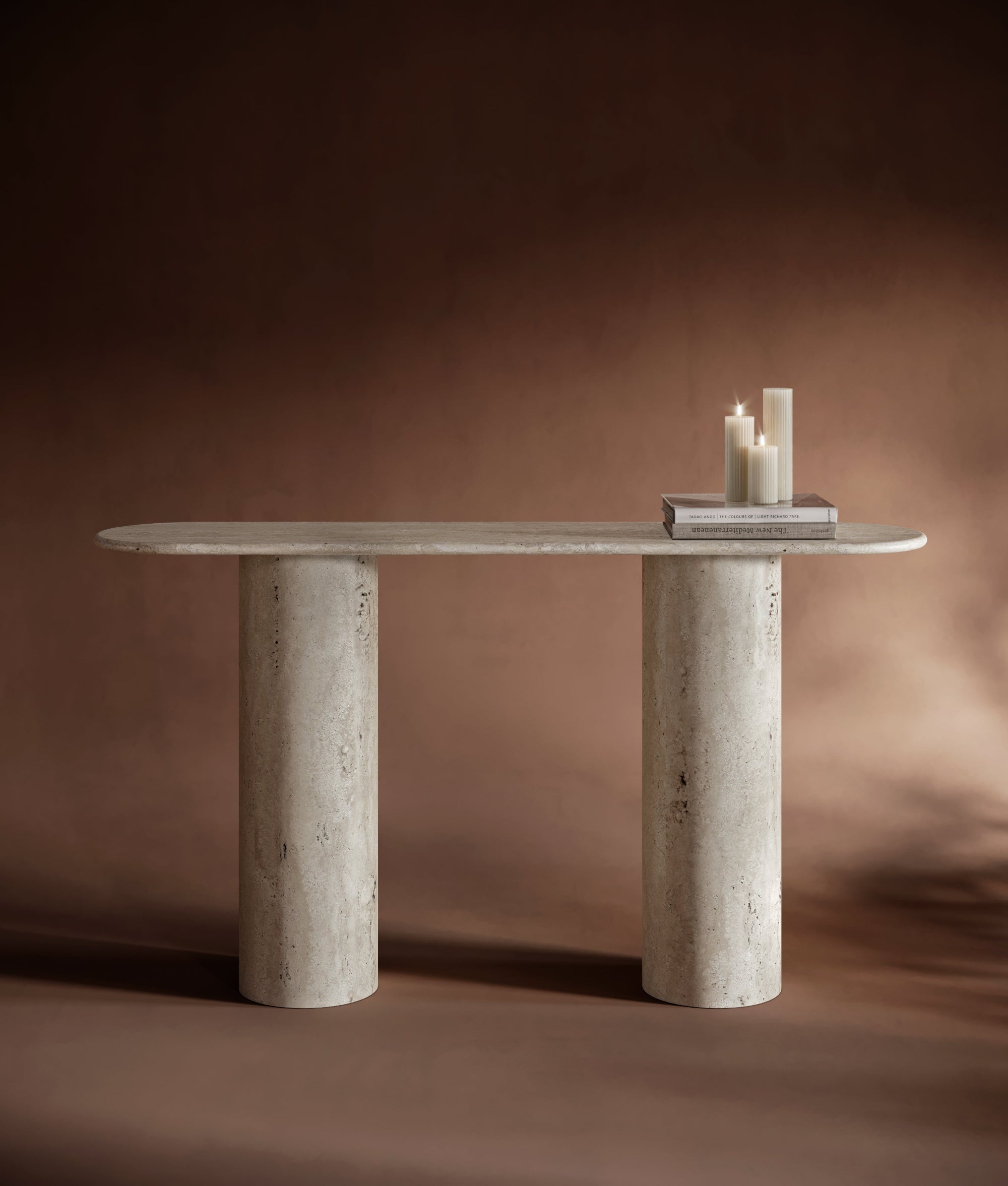 Oval Travertine Console Table - Cylindrical Legs