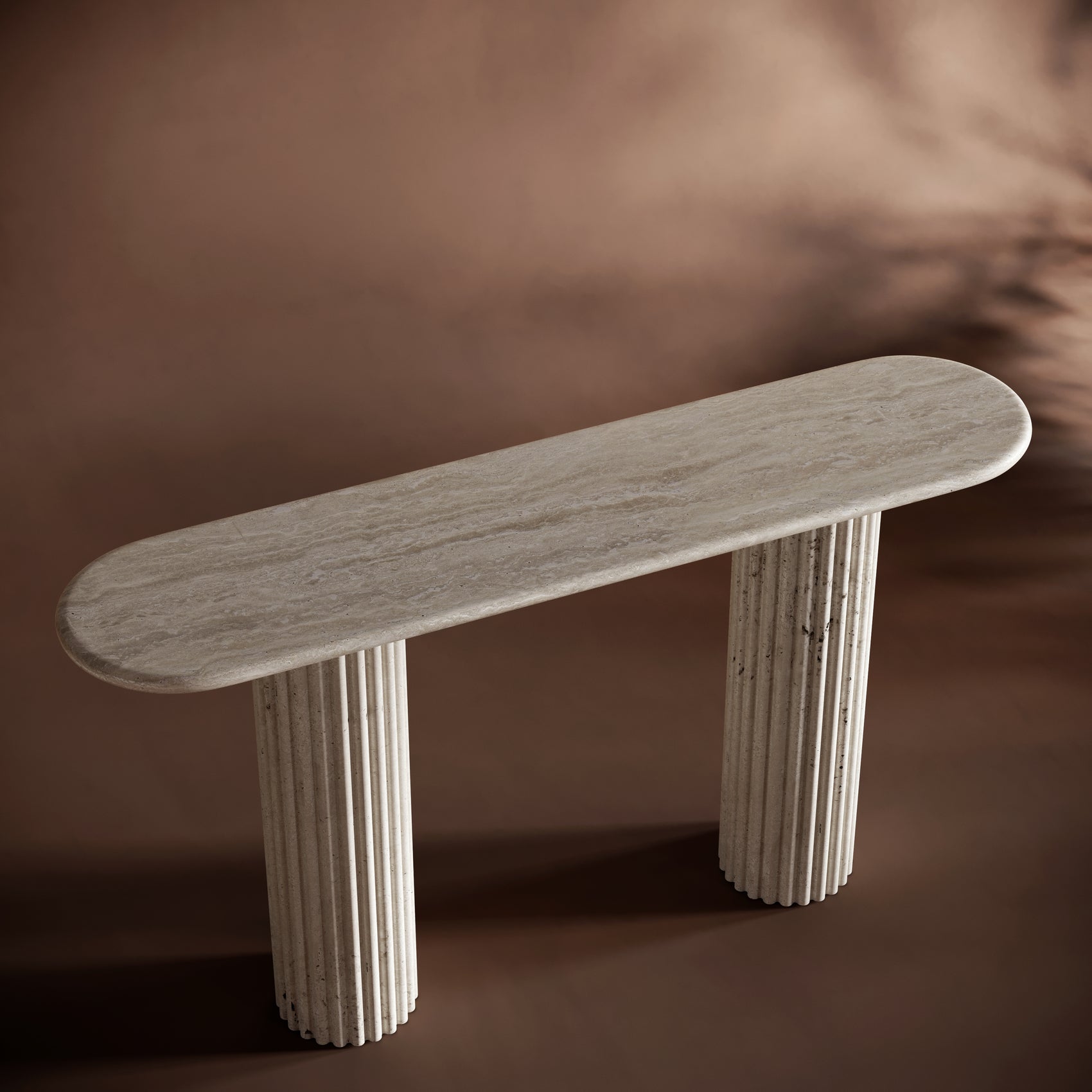 Oval Travertine Console Table - Fluted Legs