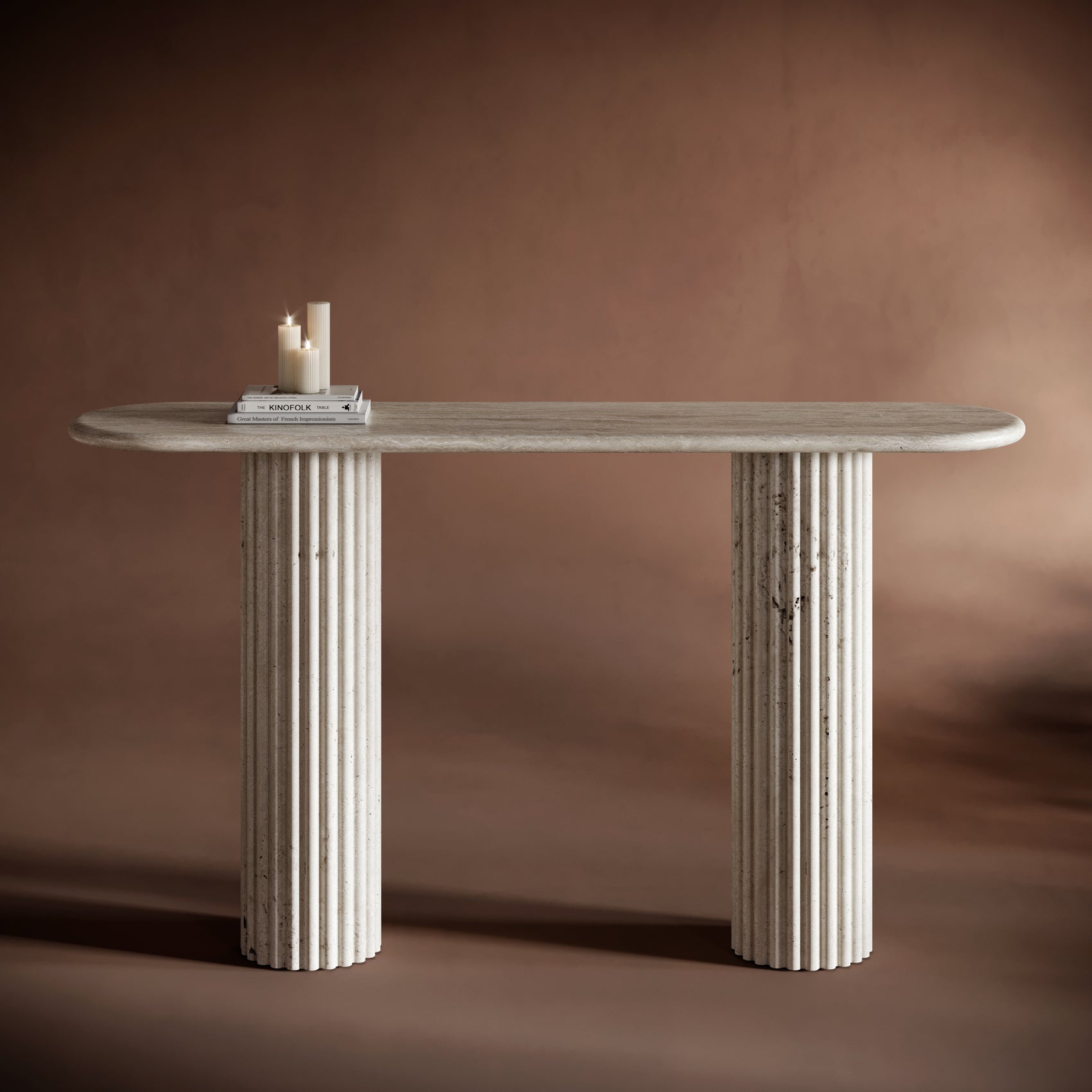 Oval Travertine Console Table - Fluted Legs