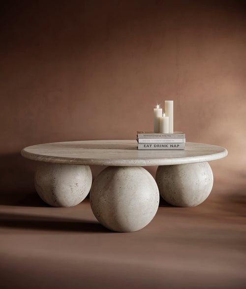 3 Ball Round Travertine Coffee Table