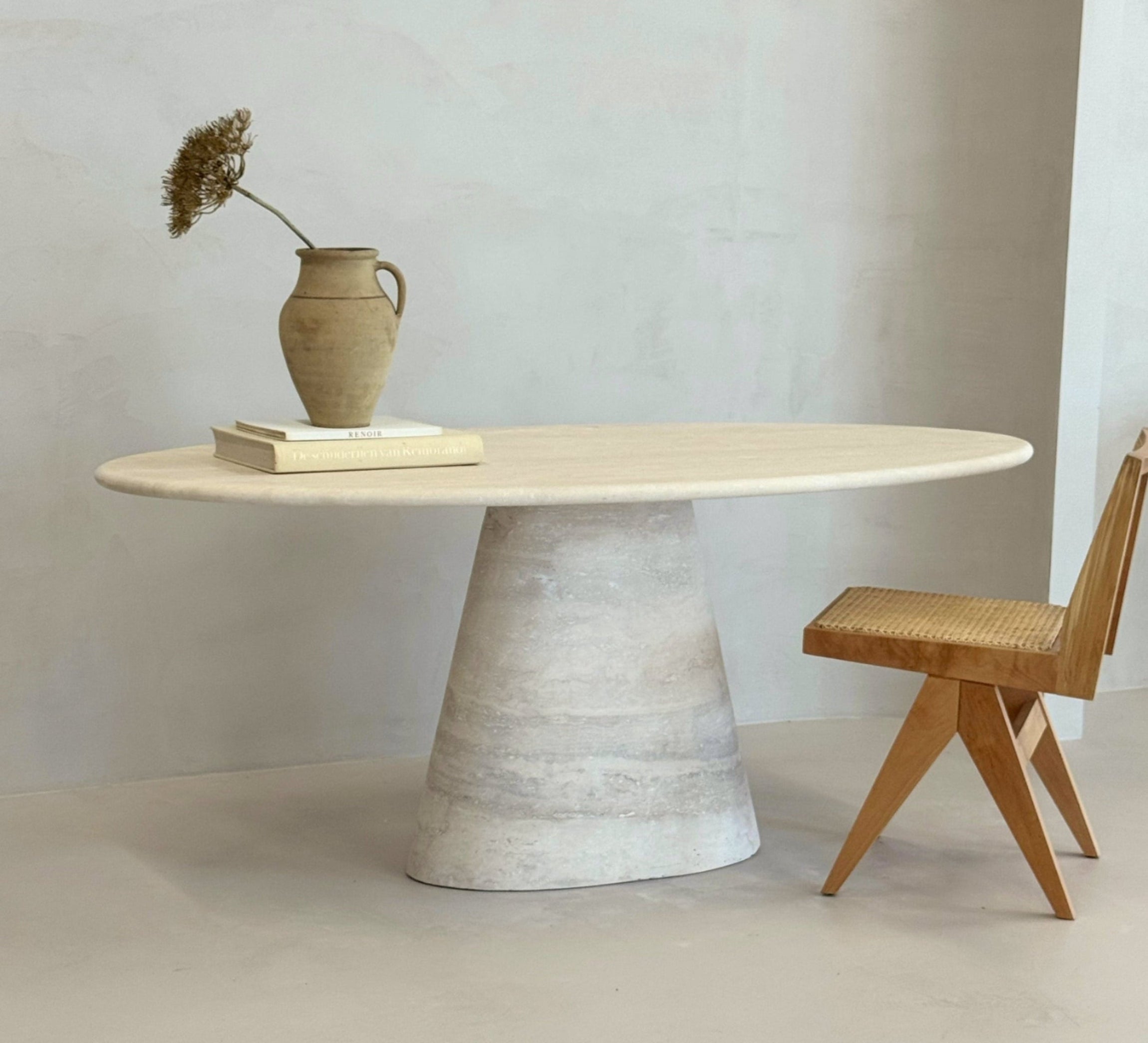 LEANDRO Ellipse Travertine Dining Table - Tapered Elliptical Leg