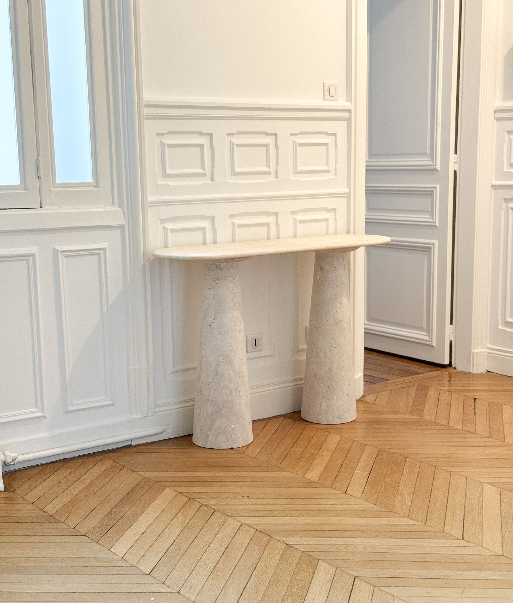 Oval Travertine Console Table - Conical Legs